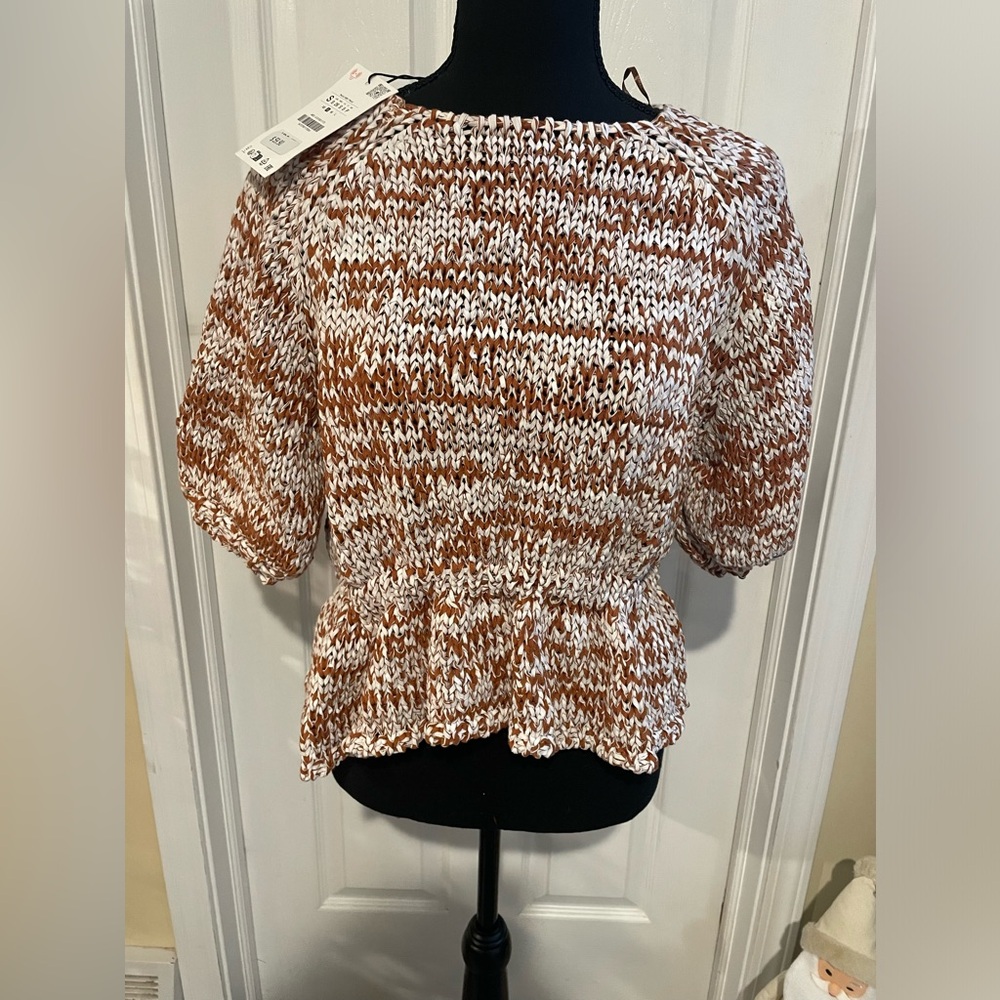 Zara White and Rust Marled Knit Peplum Top